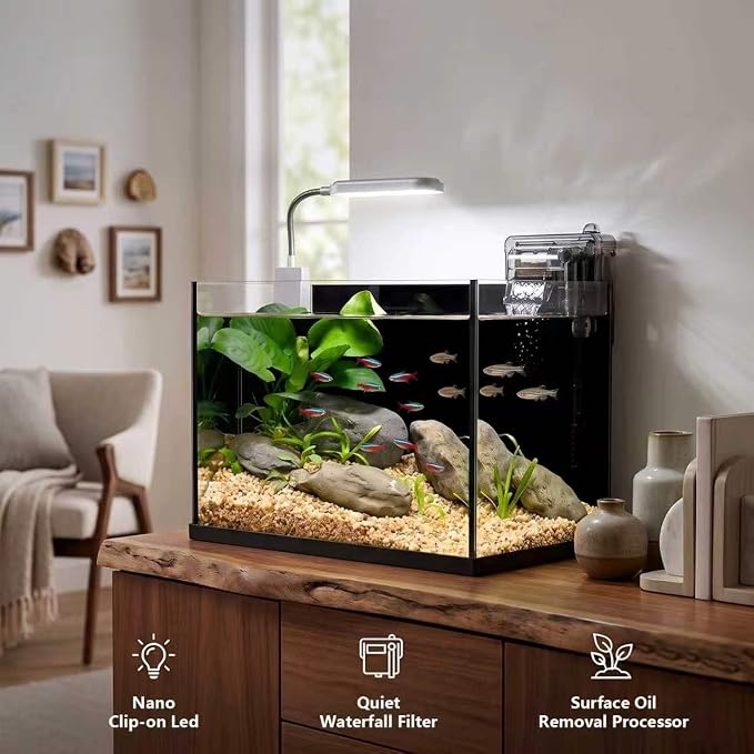 2.8 Gallon Aquarium Starter Kits, Small Fish Tank with Light and Waterfall Filter Pump, Suitable for Small Fish, Shrimp, or Betta Fish Tank