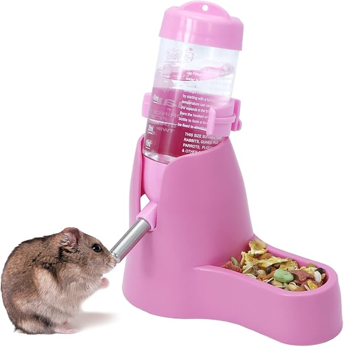 3 in 1 Hamster Hanging Water Bottle Pet Auto Dispenser with Base for Dwarf Hamster Mouse Rat Hedgehog (80ML, Pink)