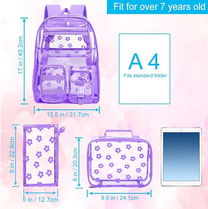 CCJPX 3Pcs Clear Backpack for Girls, School Transparent Bookbag, Heavy Duty See Through Backpacks for Teens Elementary