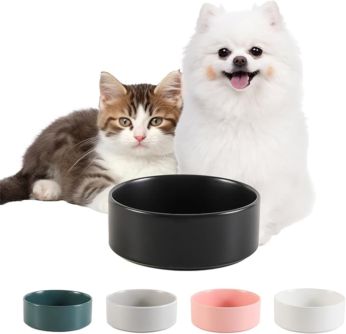 Ceramic Dog Bowl for Food and Water - Pet Feeder Bowl for Small Dogs and Cats - Heavy Ceramic Feeding Dish with Non Slip Base - Dishwasher & Microwave Safe - 5 Inch - 1.4  Cups - Black