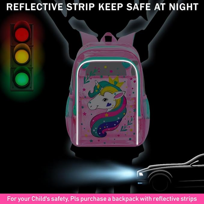 AGSDON 3PCS Clear Backpack for Girls, Kids Unicorn Transparent Backpack with Heavy Duty PVC, See Through Backpacks with Lunch Bag- Pink Unicorn
