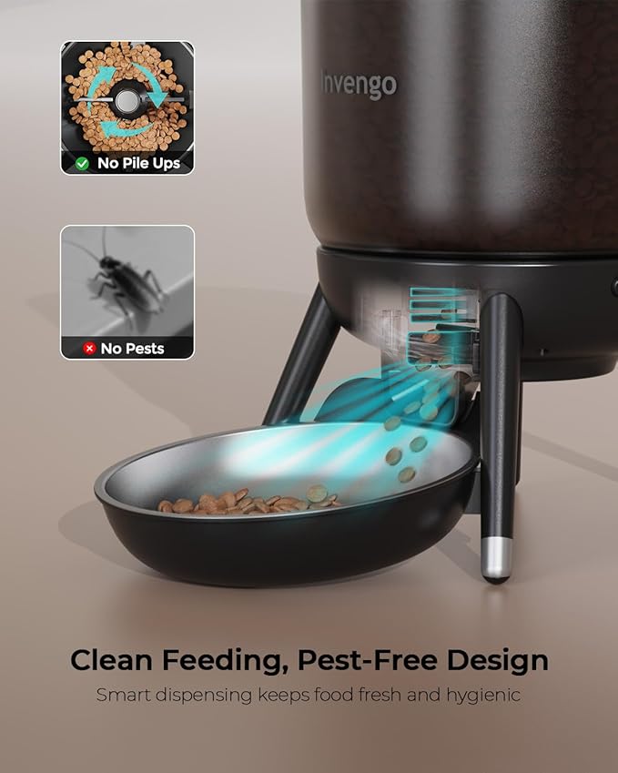 Invengo Automatic Cat Feeder with Timed Food Dispenser, One-Touch Feeding, Dual Power Supply, Anti-Bug Design, Visible 3L Hopper – Automatic Pet Feeder for Cats and Small Dogs