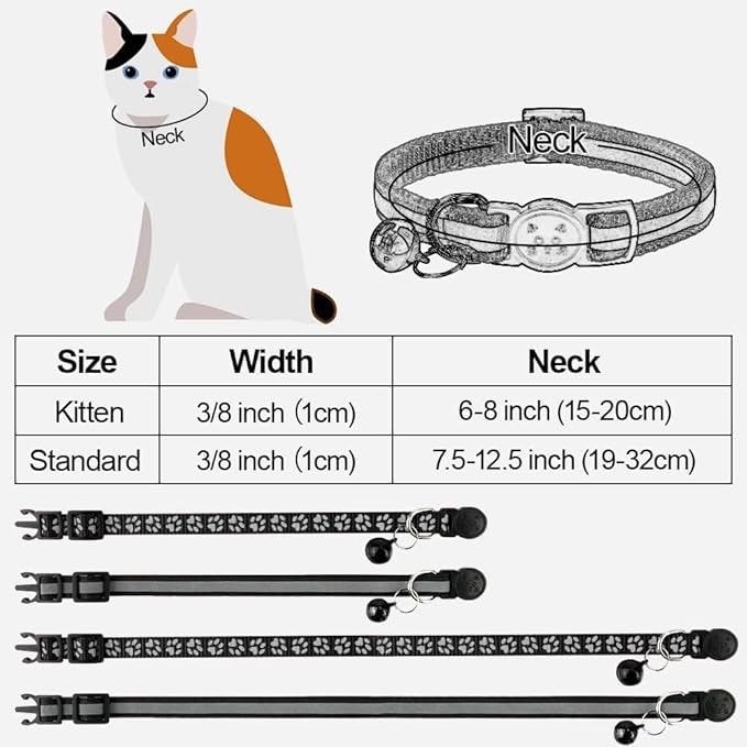 Taglory Kitten Collar Breakaway with Bell, Reflective Soft Cat Collar for Small Kittens, Adjustable 6-8 Inch High Visibility Night Strip, Lightweight for 2-6 Months Baby Cats, 2 Pack, Black