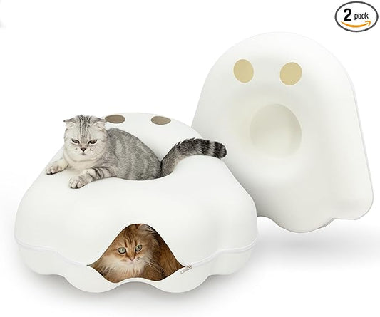 Cattasaurus Unique Gothic Peeka-Boo Cat Cave Duo Jumbo Set, Extra Spacious for Multiple & Large Cats 15+ lbs, Scratch Detachable Cat Beds for Indoor Cats, Washable Tunnel Bed