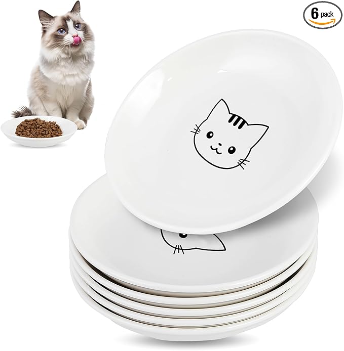 6 Pack Cat Food Bowl, Ceramic Cat Bowls, Anti Whisker Fatigue Cats Bowl Set,5.5 Inches Shallow Wide Kitten Plates for Food and Water (White-C)