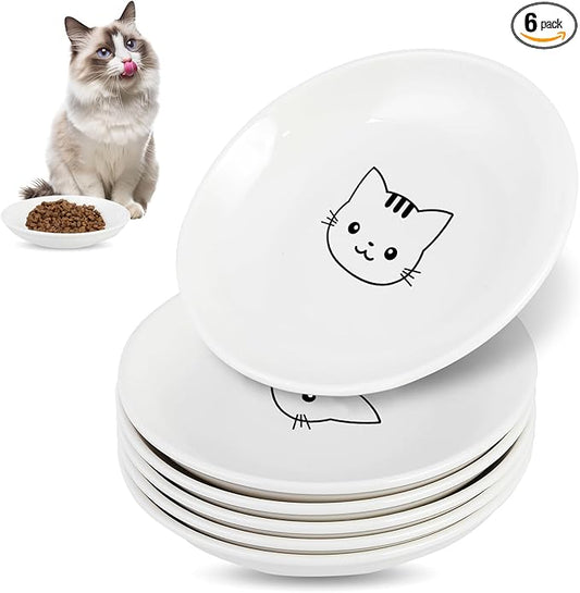 6 Pack Cat Food Bowl, Ceramic Cat Bowls, Anti Whisker Fatigue Cats Bowl Set,5.5 Inches Shallow Wide Kitten Plates for Food and Water (White-C)