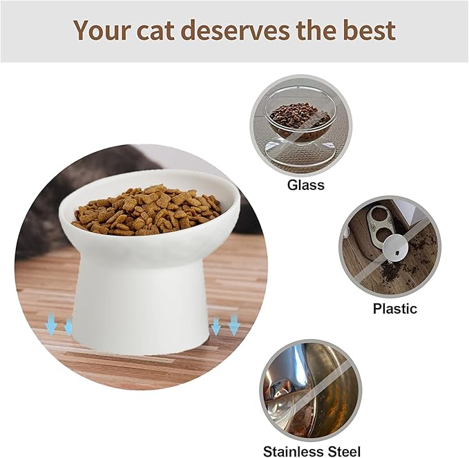 6 inch Small Ceramic Raised Cat Bowls, Tilted Elevated Food or Water Bowls, Stress Free, Backflow Prevention, Dishwasher and Microwave Safe, Lead & Cadmium Free(White 6 inch 2pc)