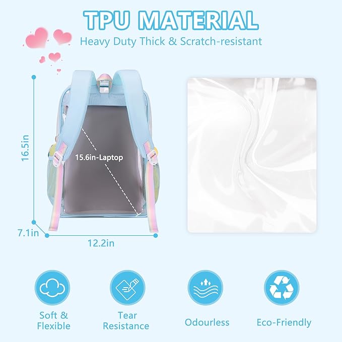 MOONBABY Clear Backpack for School Girls, Heavy Duty TPU Transparent Backpack Stadium Events Approved, Clear Bookbag