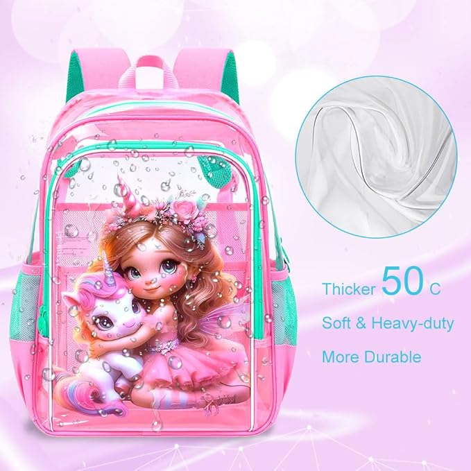 AGSDON Clear Backpack for Girls, Kids Unicorn Transparent Backpack with Heavy Duty PVC, See Through Backpacks with Lunch Bag- Pink Unicorn