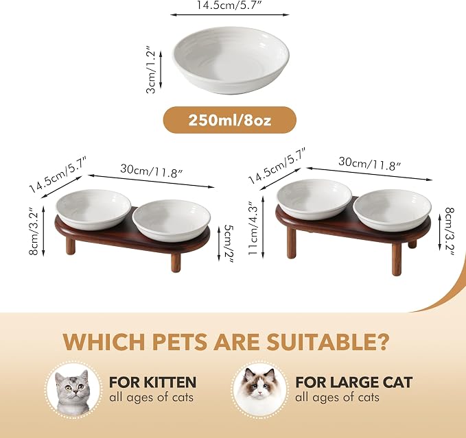 Havniva Elevated Cat Bowls Raised Ceramic Cat Bowl, 5.7” Wide Opening Cat Food Bowl Whisker Friendly Cat Dish Anti-Slip with Wood Stand, Shallow Pet Food & Water Bowl for Indoor Cats