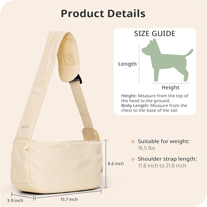 ONECUTE Dog Sling Carrier for Small Dogs and Cats, Lightweight Collapsible Pet Travel Bag with Adjustable Strap, Side Pockets & Breathable Mesh (Beige, 15.7" L x 5.9" W x 8.6" H)