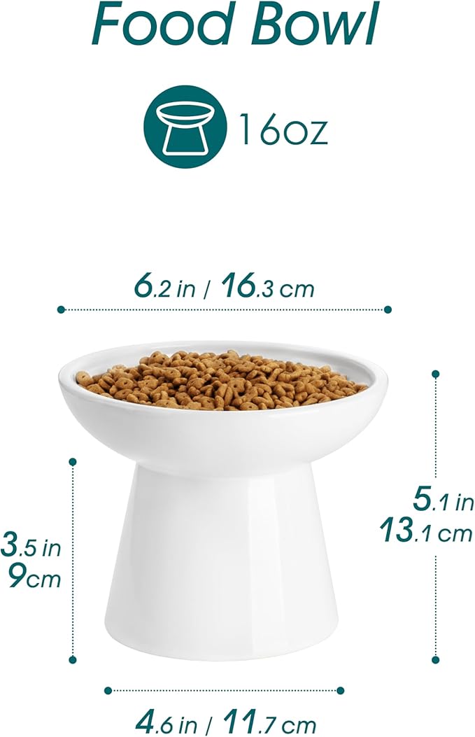 vancasso Elevated Cat Food Bowls 2-Pack, 6.2" Wide Shallow Cat Feeding Bowl for Whisker Fatigue, 5.1" Height Ceramic Raised Food Bowls for Senior Cats, Anti Vomit, White