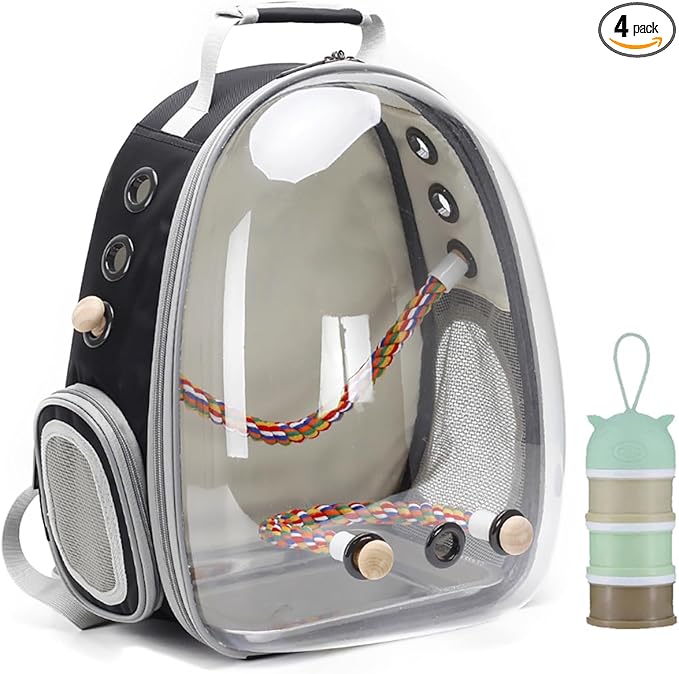 Bird Traval Carrier Cage, Clear Space Capsule Astronaut Backpack to Carry Parakeet Cockatiel Parrot with Metal Tray Wood Perch, Vet Transport School Bag