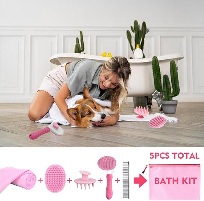 Dog Bath Brush Bathing Kit 5PCS - Pet Washing Brush, Dog Brush for Shorted Haired Dogs, Dog Scrubber for Bath, Scalp Scrubber Hair Bath Brush Set Pink