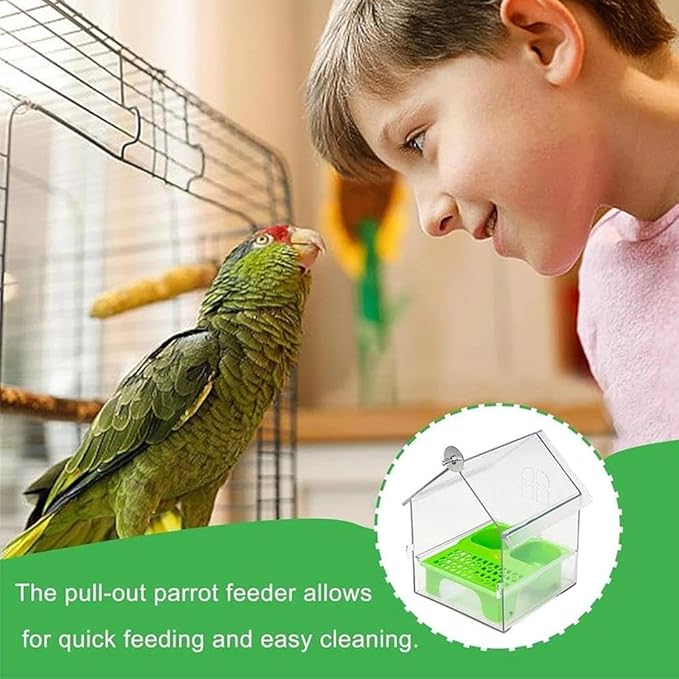 Pull-Out External Parrot Feeder,2025 New Multi-Function Hanging Mess-Free Bird Feeder,with Two Food Troughs, Pull-Out Design,Easy to Fill/Clean,Long-Lasting Outdoor Use for Finch and Hummingbird