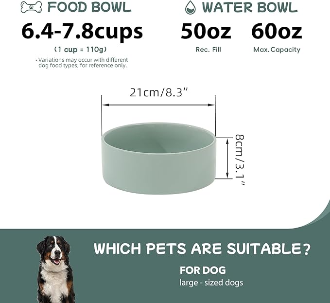 Havniva Ceramic 8.2inch Dog Bowl for Large-Breed Dogs, Anti-Slip and Weighted Pet Food and Water Bowl (Single Bowl - Light Green)