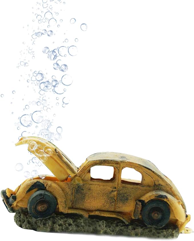 Aquarium Resin Ornament Decor, Imitation Car Wreck with Air Stone | Unique sunken car decoration for fish tank, Works with air pump to create bubble effect. Safe resin,non-toxic for fish