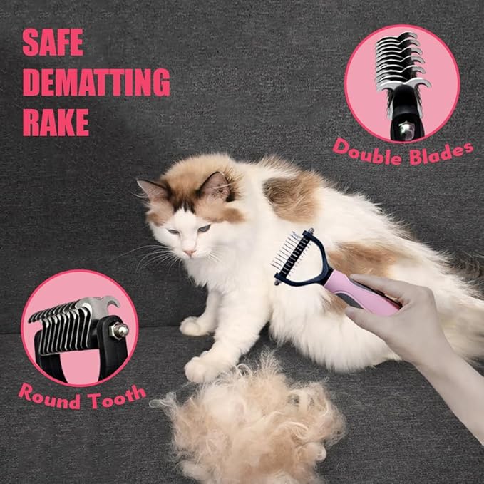 Cat Brush for Shedding 5pcs - Long Haired Cats Brush, Indoor Cats Brush, Small Dogs Brush, Matted Fur Hair Brush with Flea Comb Set, Pink