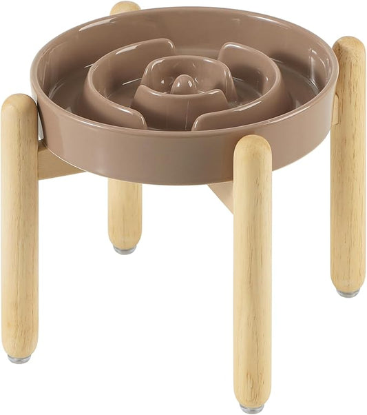 Havniva Ceramic 1.6 Cup Raised Slow Feeder Dog Bowl Set, Elevated Wooden Stand for Medium and Large Dog, 8.2inch Puzzle Slow Dish, Anti-Gulping(Brown Coffee, Single Bowl+ Stand)