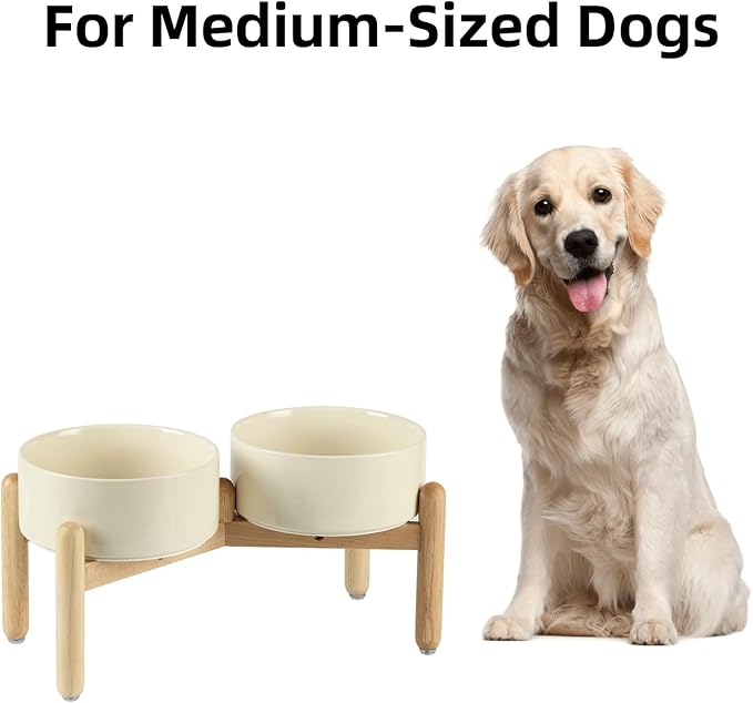 Havniva Ceramic 7.3inch Raised Double Bowls Set with Wooden Stand, Food & Water Bowls for Medium Breed Dogs, Weighted Dog Dishes, Pet Feeder(Light Yellow)