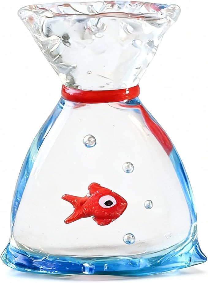 Hand Blown Glass Fish in Bag Figurine, Mini Art Glass Goldfish Ornament, Handmade Crystal Fish Bag Collectible Statue, Tabletop Decor Gift for Fish Lovers Home Shelf Decoration (Small Lucky Bag Fish)