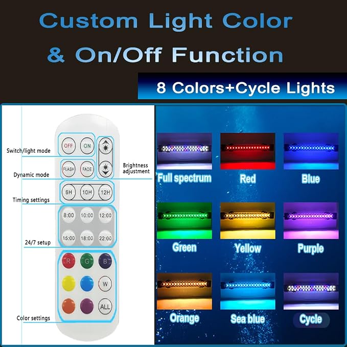 Submersible Aquarium Lights for Fish Tank,24/7 Cycle Fish Tank Light with Timer,Adjustable Brightness,8 Colors,Underwater Full Spectrum LED Aquarium Decor Plant Light,27.5'' for 55gallon Fish