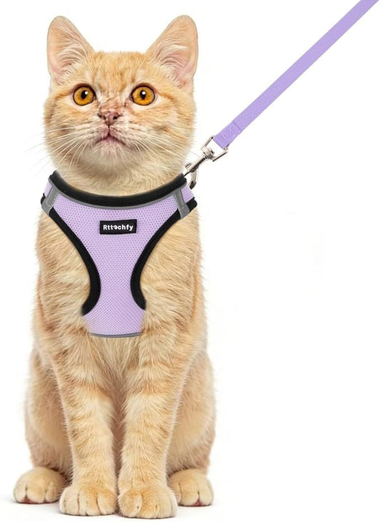 Rttochfy Cat Harness and Leash Set, Escape Proof Kitten Harness, Soft and Breathable Vest with Reflective Strip, Easy to Wear for Cats Walking and Traveling (BK Purple, L)