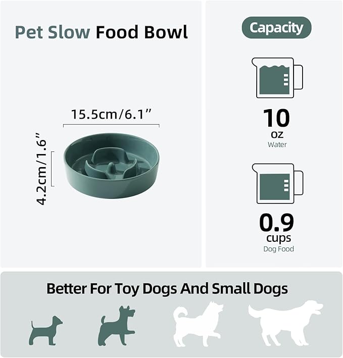 Havniva Ceramic 0.9 Cup Dog Bowl Slow Feeder for Small Dog, 6.1inch Pet Slow Feeder, Wet and Dry Food Dish, Stop Bloat, Preventing Choking(Single Bowl-Dark Green)