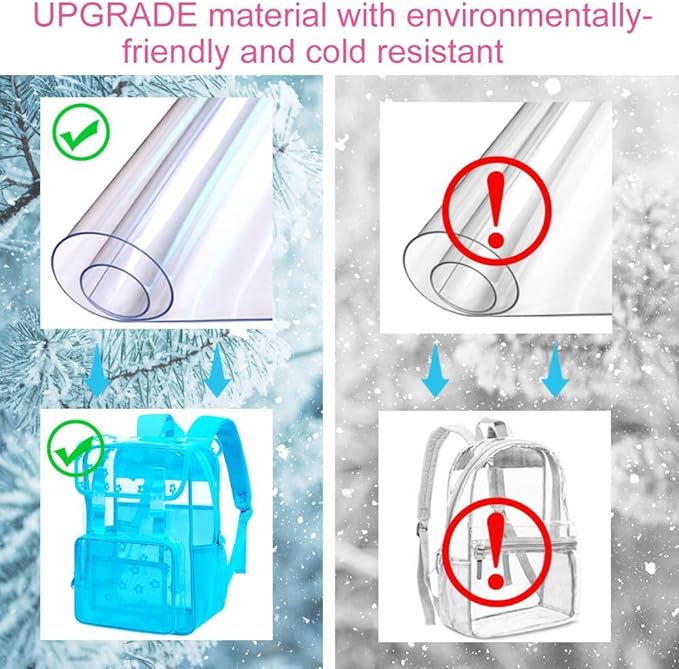 17" Plum Blossom Clear Backpack for Girls - 3Pcs Flip Design Stadium Approved Set, Campus/School Transparent Bookbag (Blue)