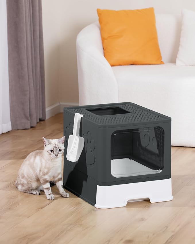 Covered Litter Box, Large Litter Box for Big Cats, Enclosed Cat Litter Boxes with Lid, Top Entry Kitty Litter Box with Scoop, Odor Control, Easy to Clean (Black)
