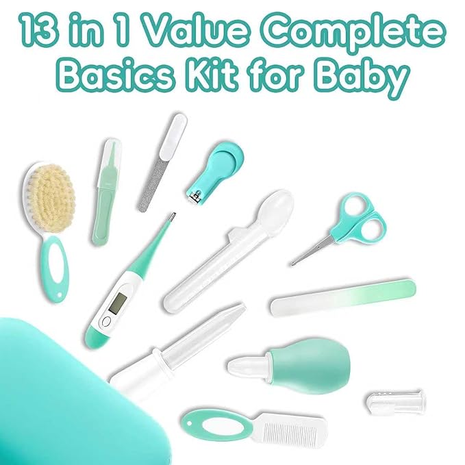 WXA Baby Healthcare and Grooming Kit with Nail Clippers, Scissors, Infant Grooming Kit for Newborns (18 in 1, Green)