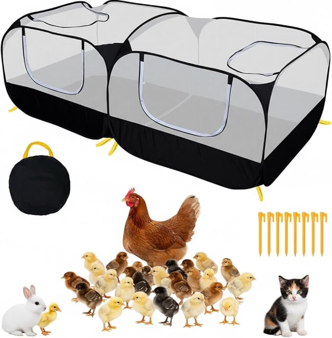 Small Animal Playpen, Portable Chicken Run Coop with Detachable Bottom and Breathable Mesh Walls, Foldable Pet Enclosure for Puppy Kitten Rabbits, Pet Tent Indoor Outdoor