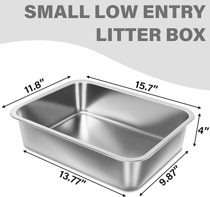 Small Stainless Steel Litter Box,15.7"x11.8"x4" Kitten Litter Box, Easy Clean Non Stick Easy Entry No Smell Metal Litterbox for Kittens/Kitty/Rabbits