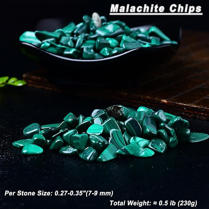 Erliway Malachite Crystal Chips Bulk for Vase Filler Crafts, 0.5 lb 7-9 mm | Natural Crushed Crystal Stone for Spell Jar, Aquarium Gravel, Reiki Healing Meditation, Jewelry Making, Resin Art, Home Décor