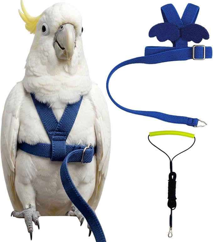 Adjustable Bird Harness with Elastic Leash, Pet Parrot Harness and Leash, Adjustable Training Design Anti-Bite, Bird Nylon Rope with Cute Wing for Conure (Deep Blue,Sulphur-Crested Cockatoo)