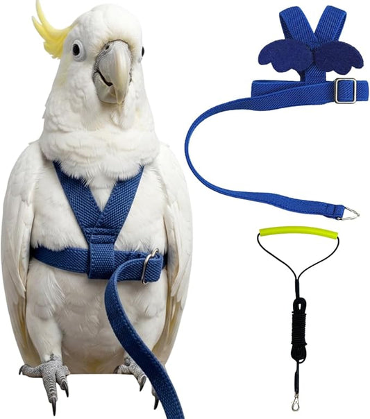 Adjustable Bird Harness with Elastic Leash, Pet Parrot Harness and Leash, Adjustable Training Design Anti-Bite, Bird Nylon Rope with Cute Wing for Conure (Deep Blue,Sulphur-Crested Cockatoo)
