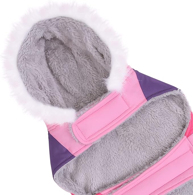 HDE Dog Puffer Jacket Fleece Lined Warm Dog Parka Winter Coat with Harness Hole Pink Stripe - XL