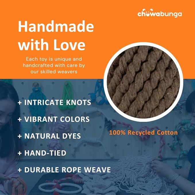 Tommie the Turkey Dog Toy 7 Inch Tall Handmade Eco Cotton Rope Small Dog Turkey Toy for Dogs Made with Natural, Non-Toxic Dyes - Great for Puppy Teething Toys for Small Dogs
