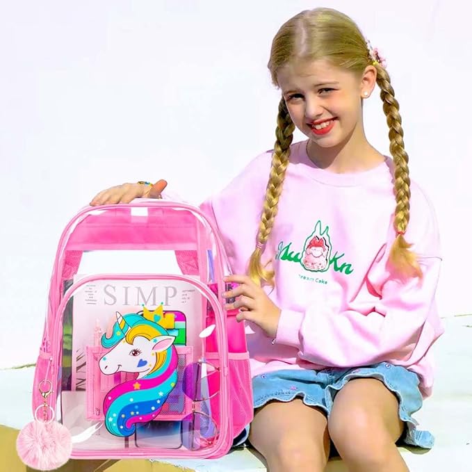 AGSDON 3PCS Clear Backpack for Girls, Kids Unicorn Transparent Bookbag Heavy Duty, Cute See Through Backpacks with Lunch Bag - Pink
