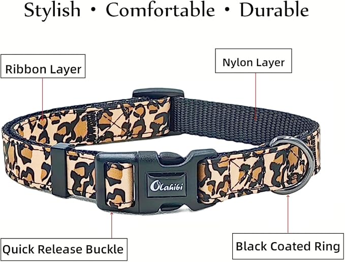 Dog Collar Leash Set, Leopard Pattern, Nylon Webbing Plus Cotton Ribbon, 5ft Matching Leash, for Medium Dogs.(M, Brown Leopard)