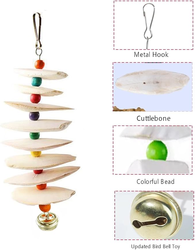 2 Pack Bird Toys with Cuttlebone, Parakeet Toys, Bird Beak Grinding Stone, Cage Accessories for for Parakeet Conure Lovebird Cockatiel Finch Canary Hamster Chinchilla Rabbit (Large)
