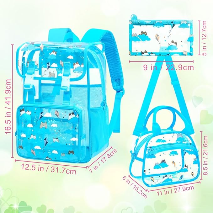 17" Cat Clear Backpack for Girls - 3Pcs Flip Design Stadium Approved Set, Campus/School Transparent Bookbag (Blue)