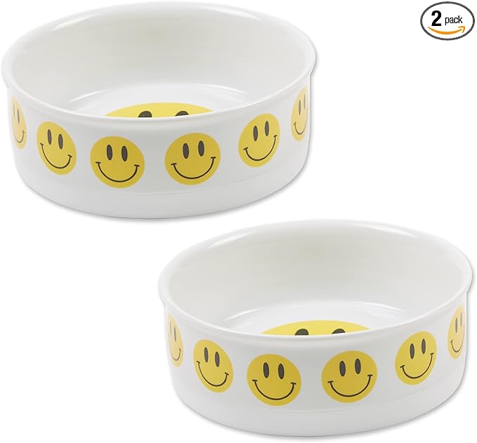 Bone Dry Ceramic Food Bowls, Non-Slip & Dishwasher Safe, Medium Set, 6x2, Smiley Face, 2 Count