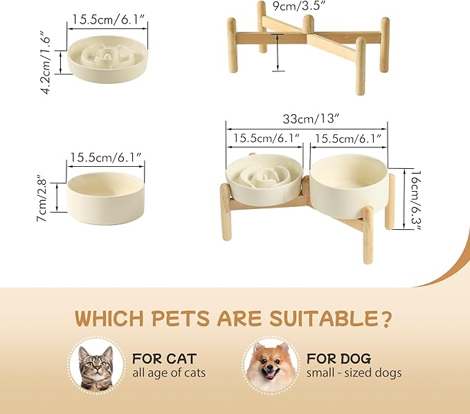 Havniva Ceramic 0.9 Cup Raised Slow Feeder Dog Bowl Set, Elevated 6.1inch Water Bowl and 6.1inch Slow Dish with Wooden Stand for Small Dogs (2 x Light Yellow+ Stand)