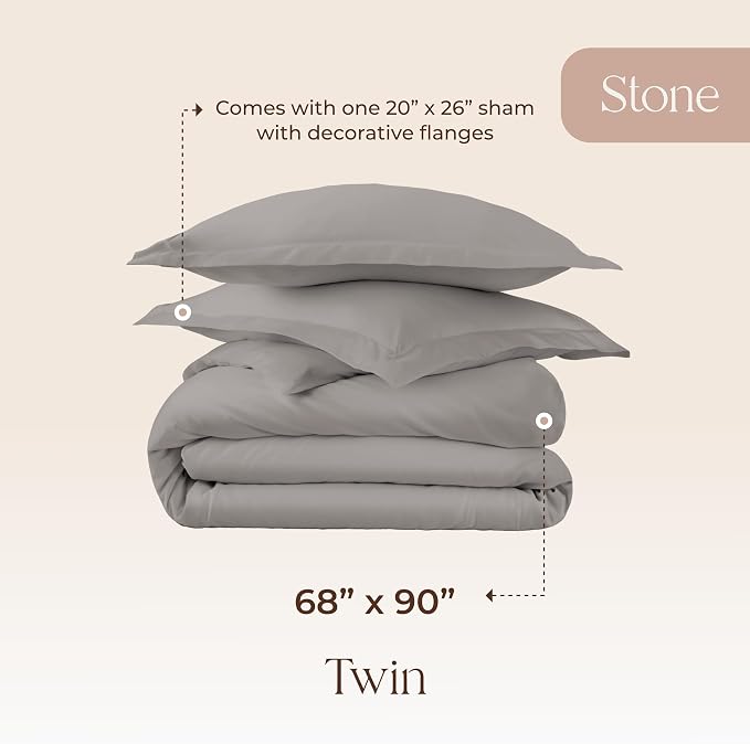 100% Organic Cotton Duvet Cover Twin Size - Naturally Soft Lightweight & Cooling Duvet Cover Set with Decorative Shams - Premium GOTS Certified 300 Thread Count Sateen Weave (Stone, Twin)