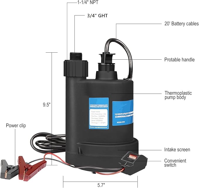 Water Pump Submersible Pump DC 12V Sump Pump 1500 GPH Utility Pump Black | 20Ft Battery Cord with On/Off Switch, 3/4" Hose Adapter, Ideal for Water Tank, Sump Pit, Pond, Yard Draning