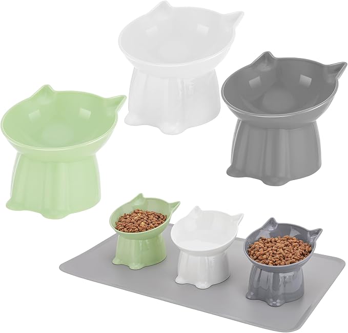 3 Pcs Elevated Cat Bowls 15°Raised Cat Food Bowl with Silicone Mat Whisker Friendly Anti Vomiting Cats Dishes Pet Food and Water Bowls for Indoor Cats Kittens Classic 3 Colors