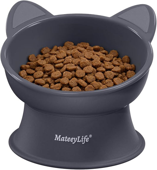 MateeyLife Raised Cat Bowls, Cat Food Bowl Elevated for Kittens & Small Dogs, 15°Tilted Protect Pets' Neck and Anti Vomiting, Whisker Friendly Food & Water Feeding Bowl, 6 oz Each - Gray