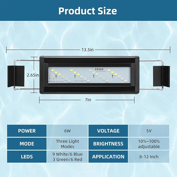 DaToo LED Aquarium Light Full Spectrum Fish Tank Light with Dimmer White Blue Red Green LEDs Fish Tank Light with Three Lighting Modes and Extendable Bracket for 8 Inch to 12 Inch Aquarium