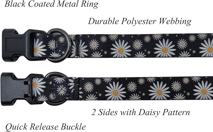 Dog Collar Leash Set, Floral Pattern, Polyester Material, Adjustable Collar and 5ft Matching Leash, for Small Dogs.(S, Black Daisy)